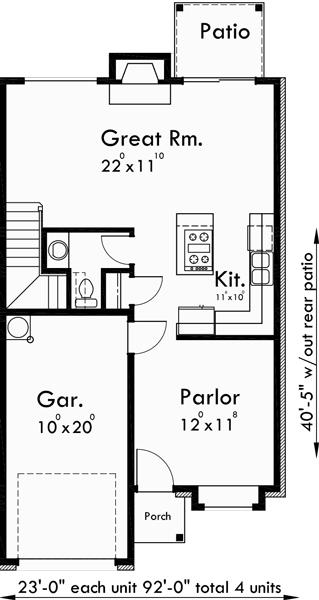 Main Floor Plan for F-490 4 plex plans, Tudor house plans, townhome plans, quadplex plans, F-490