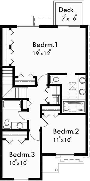 Upper Floor Plan for F-490 4 plex plans, Tudor house plans, townhome plans, quadplex plans, F-490