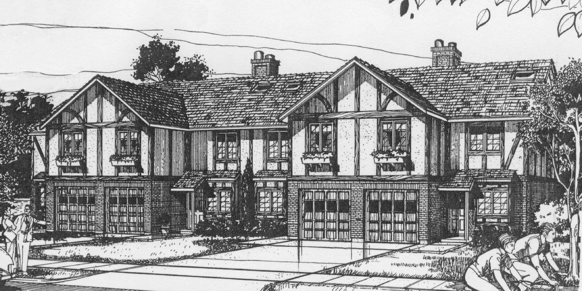 F-490 4 plex plans, Tudor house plans, townhome plans, quadplex plans, F-490