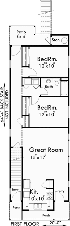 Main Floor Plan for D-552 Duplex house plans, stacked duplex house plans, D-552
