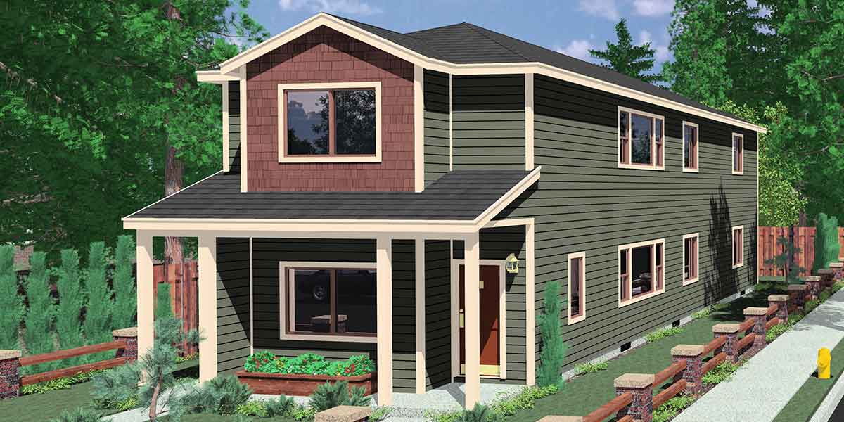 House front color elevation view for D-552 duplex house plans, stacked duplex house plans, D-552