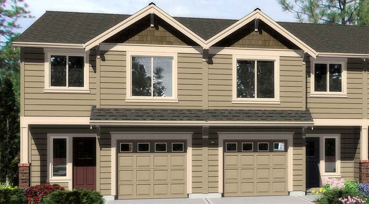 House front color elevation view for D-536 Duplex house plans, townhouse plans, D-536