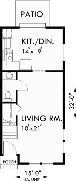 Main Floor Plan for F-552 4 plex plans, townhome plans, 15 ft wide house plans, narrow lot townhouse plans, F-552