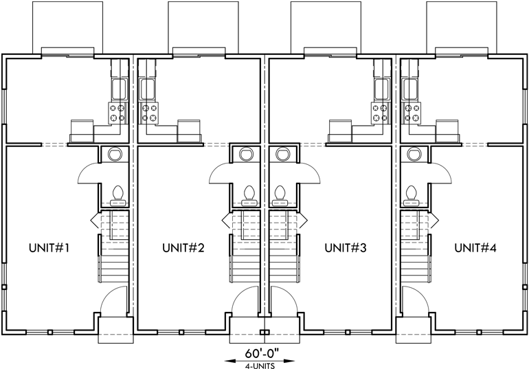 Main Floor Plan 2 for F-552 4 plex plans, townhome plans, 15 ft wide house plans, narrow lot townhouse plans, F-552