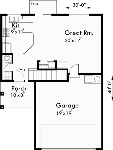 Main Floor Plan for 10125 4 bedroom house plans, 30 wide house plans, narrow house plans, 2 level house plans, 10125