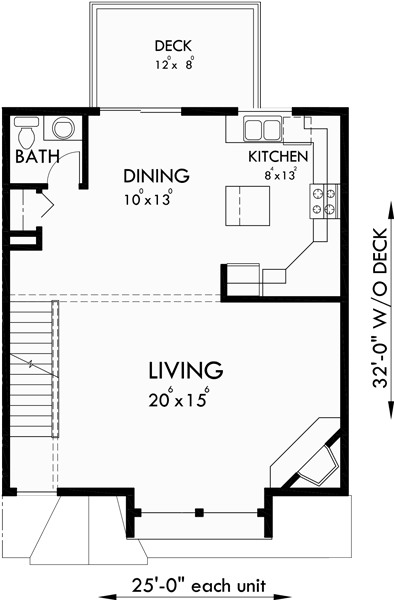 Main Floor Plan for T-408 Triplex house plans, 3 bedroom townhouse plans, 25 ft wide house plans, narrow house plans, 3 story townhouse plans