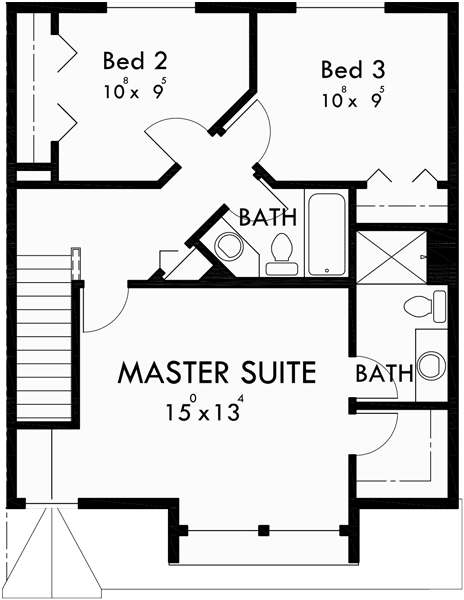 Upper Floor Plan for T-408 Triplex house plans, 3 bedroom townhouse plans, 25 ft wide house plans, narrow house plans, 3 story townhouse plans