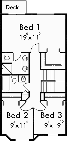 Upper Floor Plan for D-565 Duplex house plans, duplex house plans with basement, house plans with rear garages, D-565