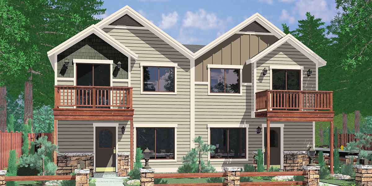 House front color elevation view for D-568 Duplex house plans, house plans with rear garages, D-568