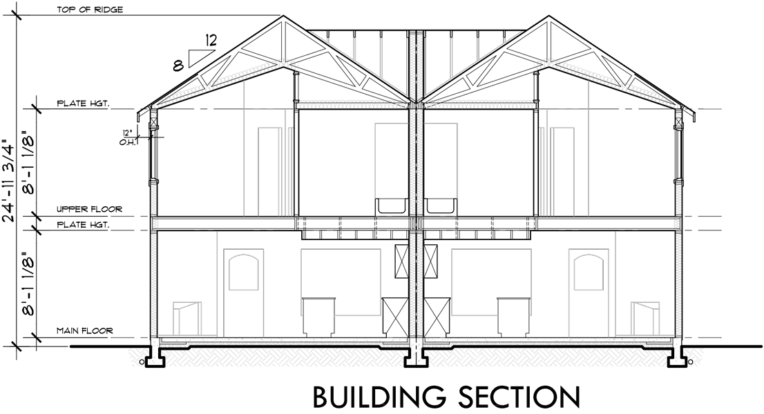 House rear elevation view for D-568 Duplex house plans, house plans with rear garages, D-568