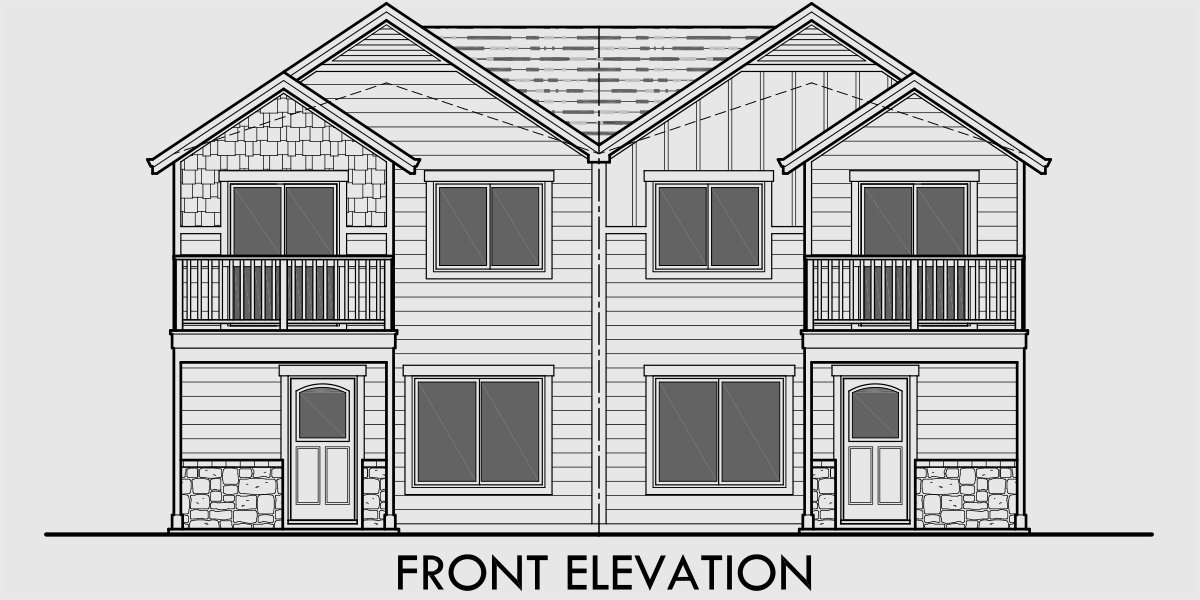 House front drawing elevation view for D-568 Duplex house plans, house plans with rear garages, D-568