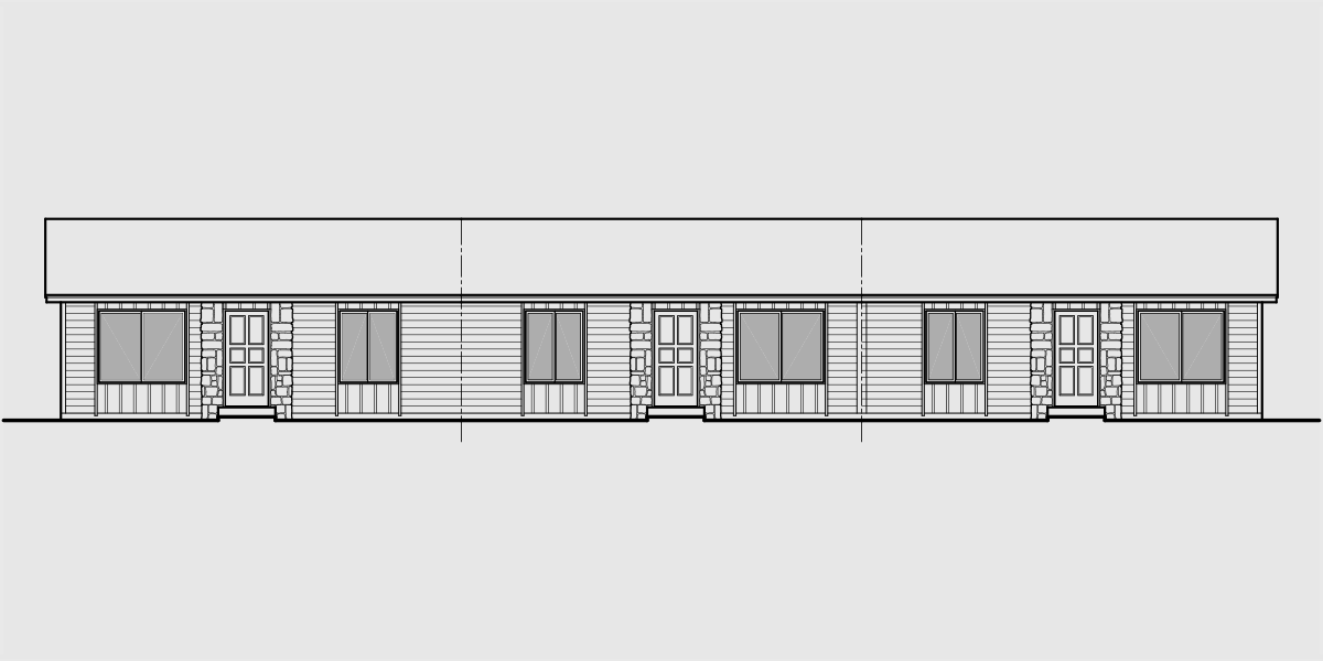 House rear elevation view for T-409 Triplex house plans, one story triplex house plans, small triplex house plans, T-409