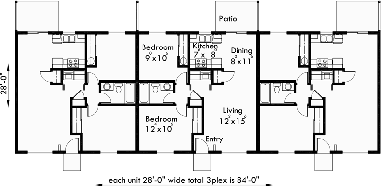 Main Floor Plan for T-409 Triplex house plans, one story triplex house plans, small triplex house plans, T-409