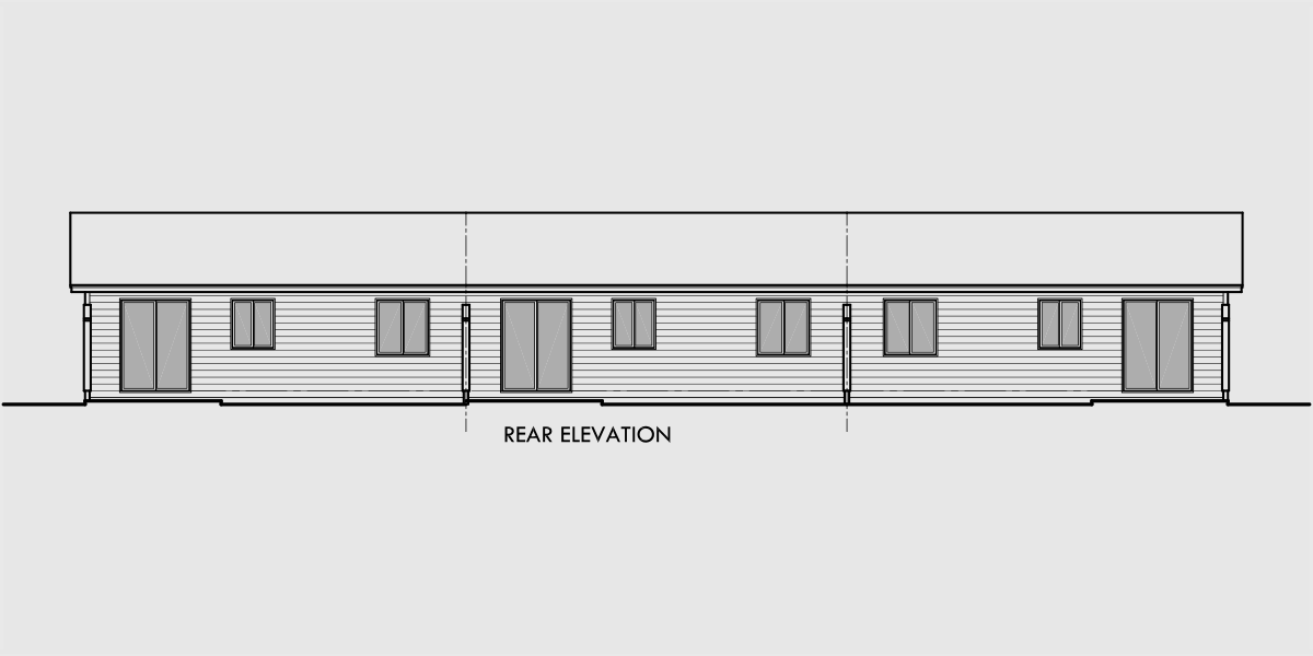 House front drawing elevation view for T-409 Triplex house plans, one story triplex house plans, small triplex house plans, T-409