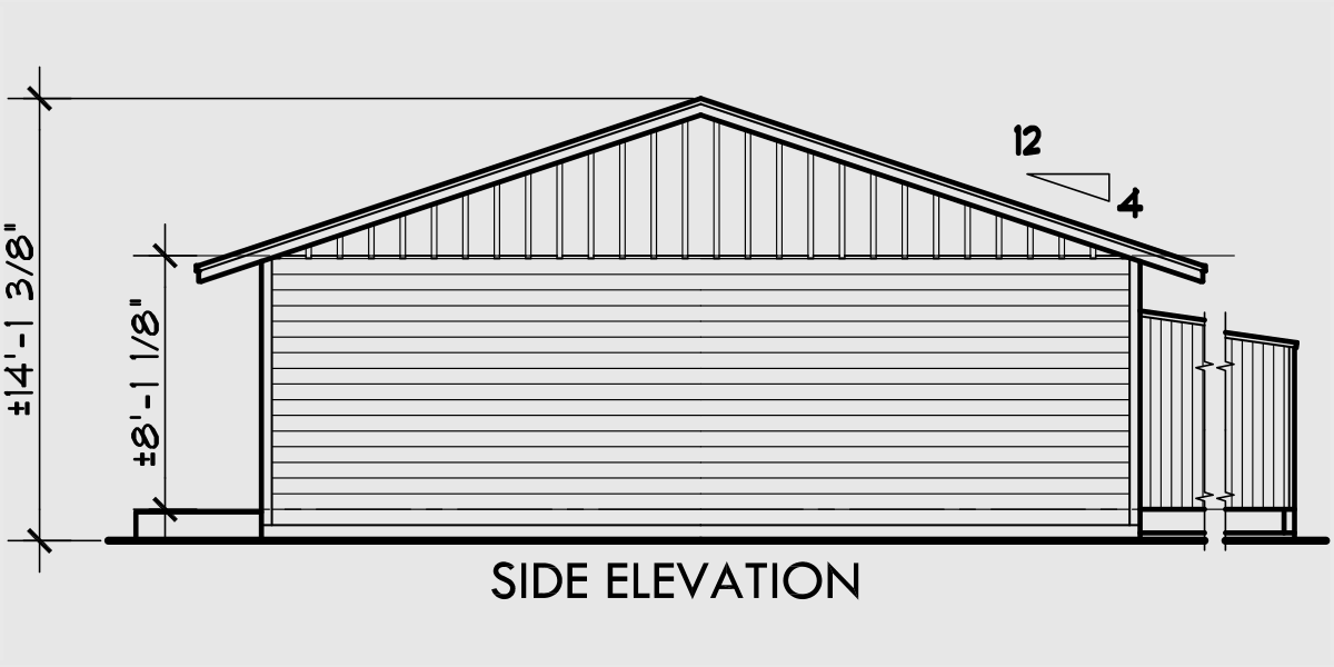 House side elevation view for T-409 Triplex house plans, one story triplex house plans, small triplex house plans, T-409