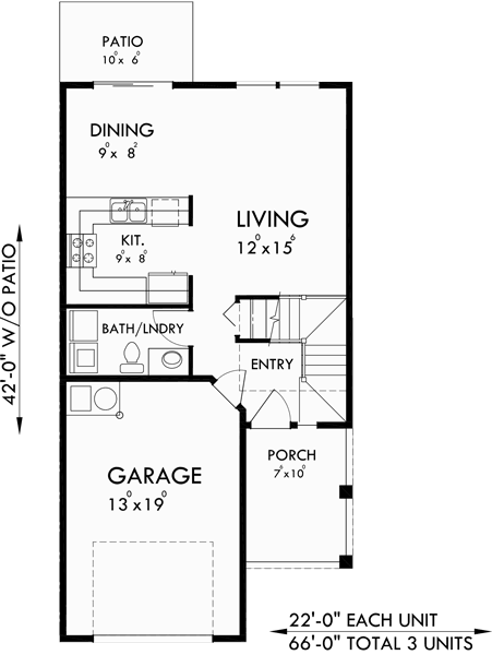 Main Floor Plan for T-398 Triplex house plans, 3 bedroom townhouse plans, triplex plans with garage, 22 ft wide house plans, T-398