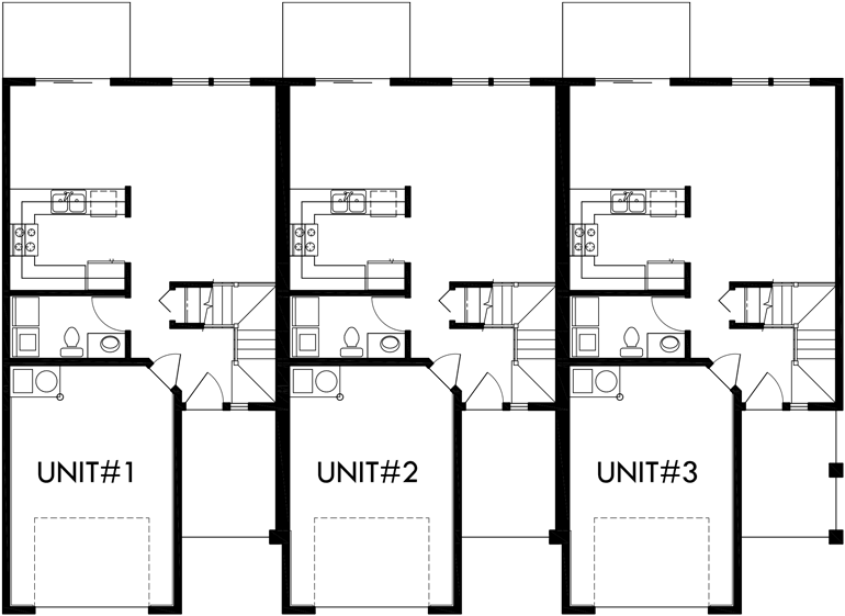Main Floor Plan 2 for T-398 Triplex house plans, 3 bedroom townhouse plans, triplex plans with garage, 22 ft wide house plans, T-398