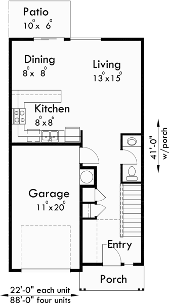 Main Floor Plan for F-545 4 plex house plans, narrow townhouse, row house plans, 22 ft wide house plans, F-545