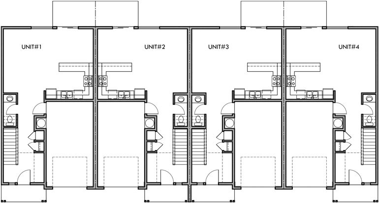 Main Floor Plan 2 for F-545 4 plex house plans, narrow townhouse, row house plans, 22 ft wide house plans, F-545