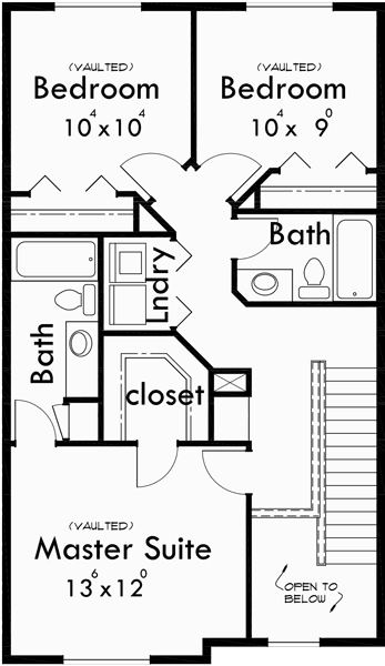 Upper Floor Plan for F-545 4 plex house plans, narrow townhouse, row house plans, 22 ft wide house plans, F-545