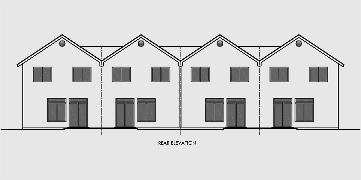 House side elevation view for F-545 4 plex house plans, narrow townhouse, row house plans, 22 ft wide house plans, F-545