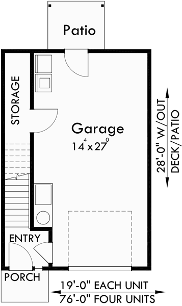 Lower Floor Plan for F-562 4 plex plans, narrow townhouse plans, 4 plex plans with garage, 2 bedroom 4 plex plans, F-562