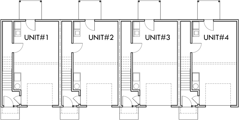 Lower Floor Plan 2 for 4 plex plans, narrow townhouse plans, 4 plex plans with garage, 2 bedroom 4 plex plans, F-562