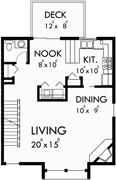 Main Floor Plan for 10026 Three Story House Plans, Narrow lot house plans, floor plans with window seats, House plans with Upper  Deck, Narrow house plans with garage, 10026
