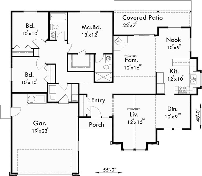 Main Floor Plan for 5114 One story house plans, 3 bedroom house plans,  2 car garage house plans, 5114