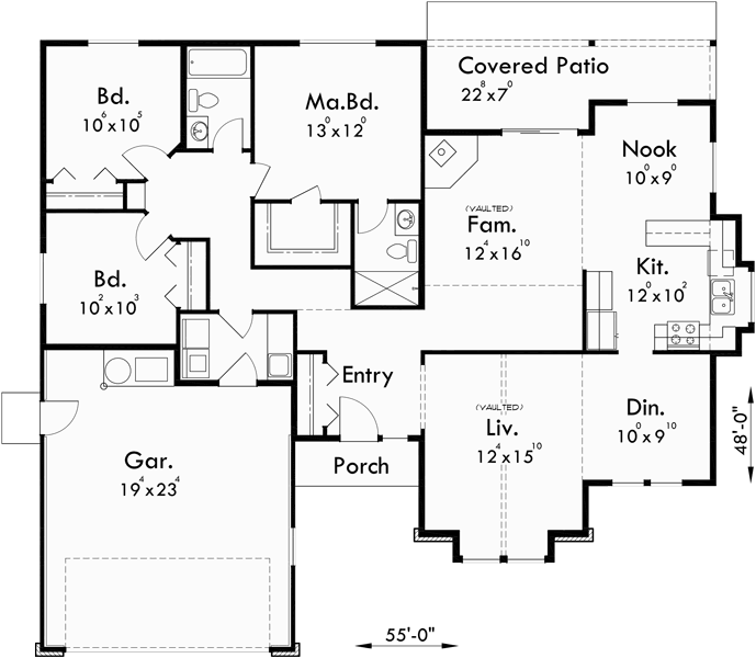 One Level House Plan 3 Bedroom 2 Bath 2 Car Garage 55 Ft Wide