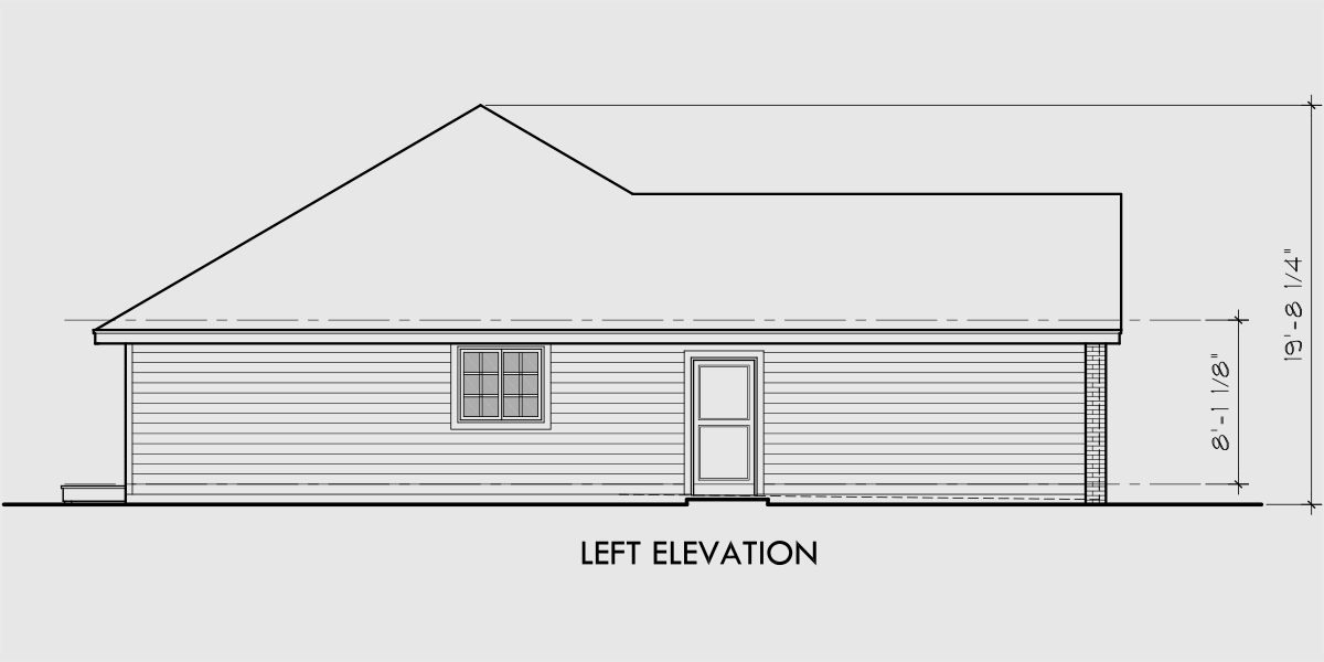 House rear elevation view for 5114 One Level House Plan 3 Bedroom, 2 Bath, 2 Car Garage 55 ft wide