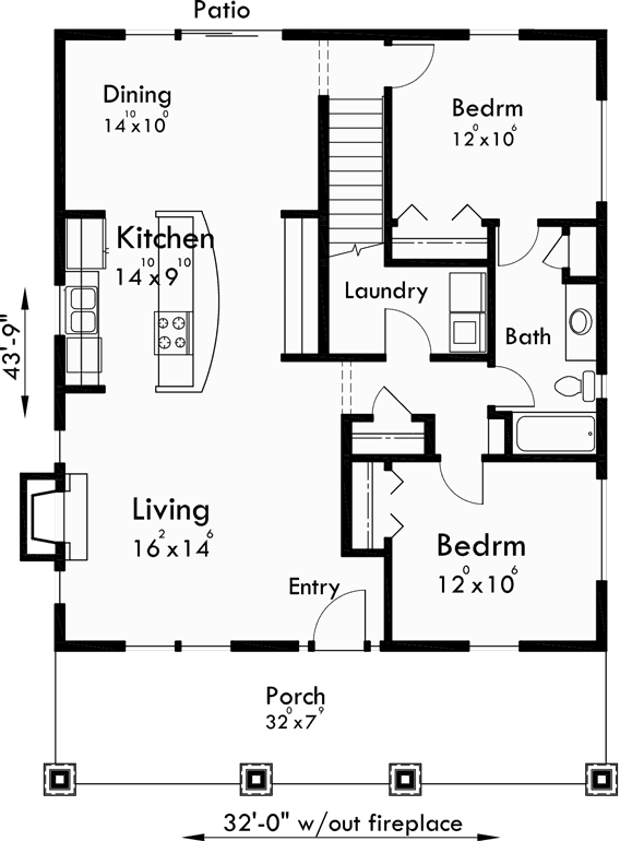 Main Floor Plan for 10128 Bungalow house plans, 1.5 story house plans, large kitchen island, house plans with front porch, 3d house plans, 10128