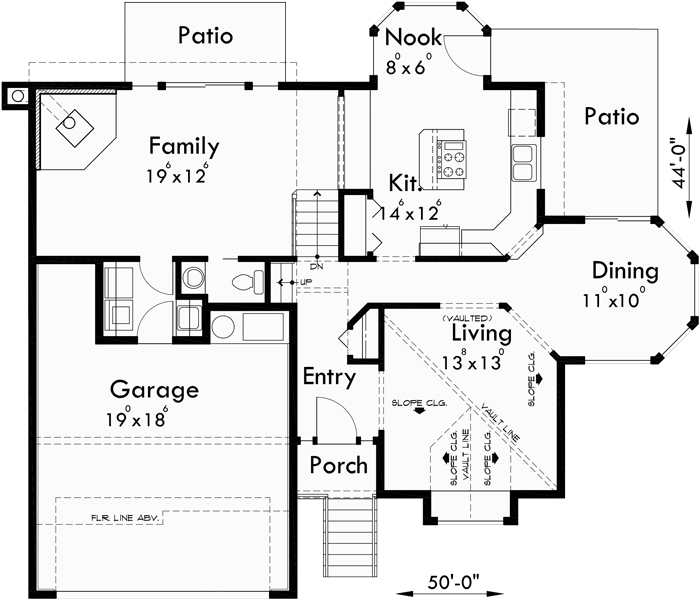 Main Floor Plan for 7117 Split level house plans, house plans for sloping lots, 3 bedroom house plans