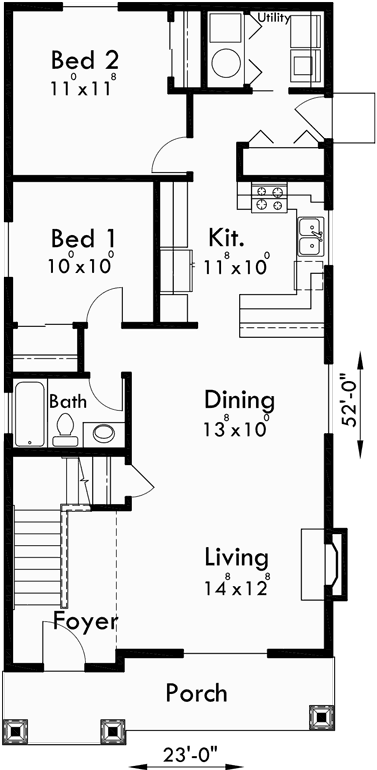 Main Floor Plan for 10139 Narrow Two Level House Plan with 6 Bedrooms