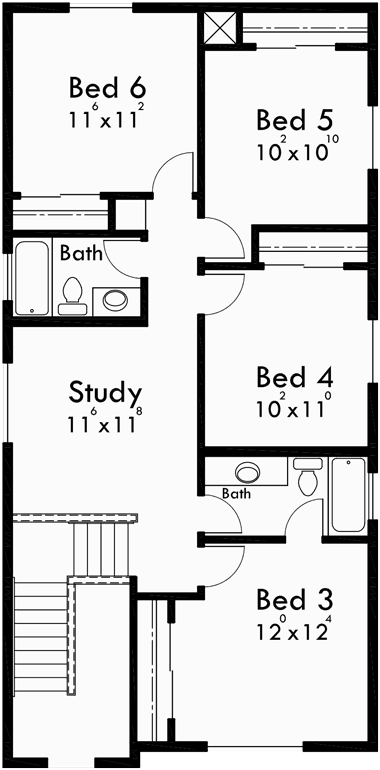 Upper Floor Plan for 10139 Narrow Two Level House Plan with 6 Bedrooms