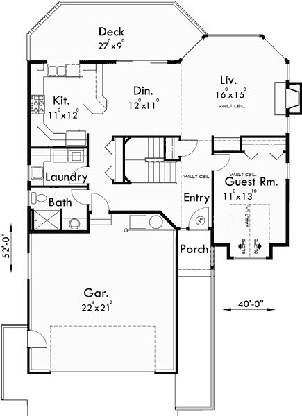 Main Floor Plan for 9640 Rear View House Plan w/ Daylight Basement