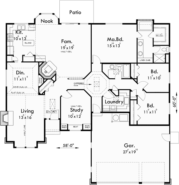 One Story House Plans, Single Level House Plans, 3 Bedroom