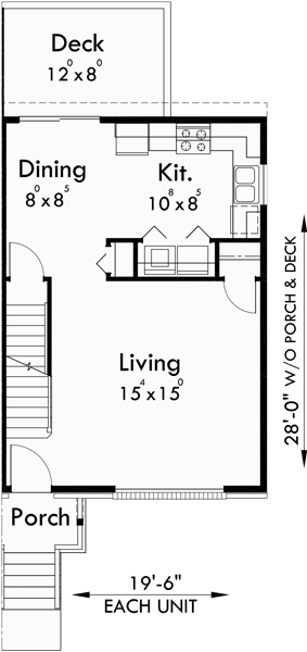 Main Floor Plan for D-520 Duplex plans with basement, 3 bedroom duplex house plans, small duplex house plans, affordable duplex plans, d-520