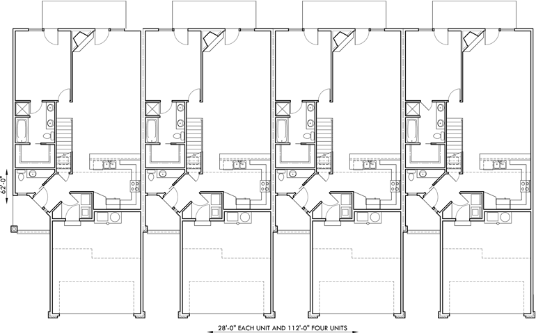 Main Floor Plan 2 for F-541 4 plex house plans, master bedroom on main, 4 unit townhouse plans