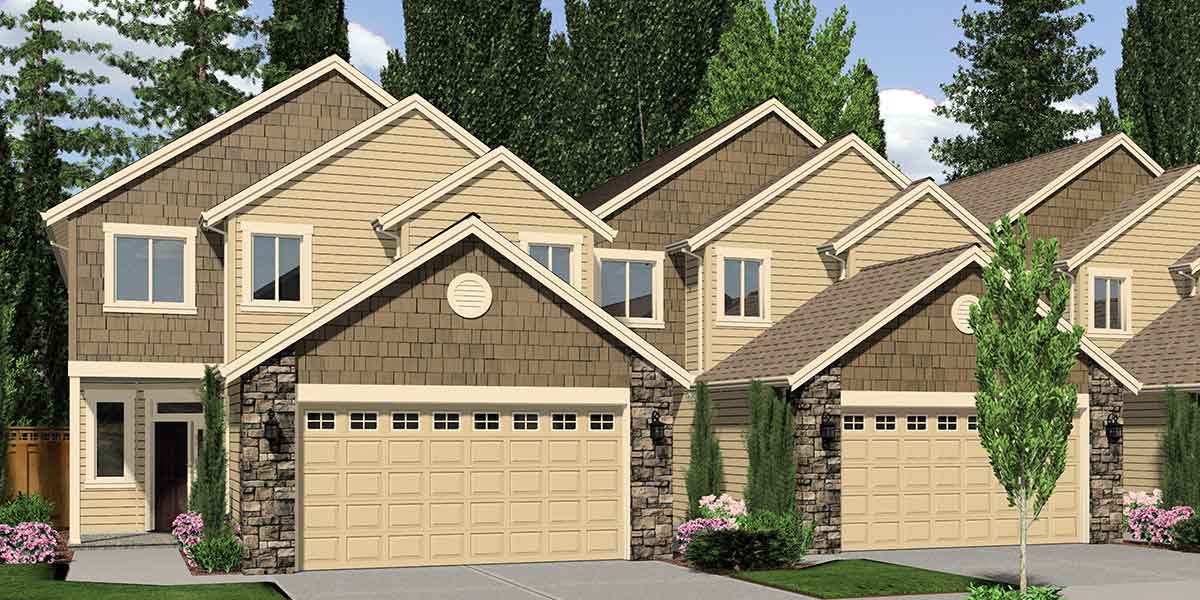 F-541 4 plex house plans, master bedroom on main, 4 unit townhouse plans