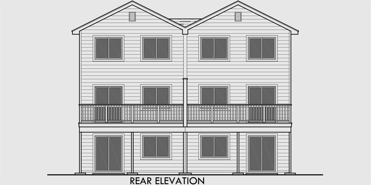 House rear elevation view for D-581 Duplex house plans with basement, 3 bedroom duplex house plans, narrow duplex plans, D-581
