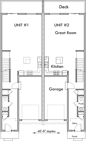 Main Floor Plan 2 for D-581 Duplex house plans with basement, 3 bedroom duplex house plans, narrow duplex plans, D-581