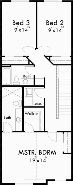 Upper Floor Plan for D-581 Duplex house plans with basement, 3 bedroom duplex house plans, narrow duplex plans, D-581