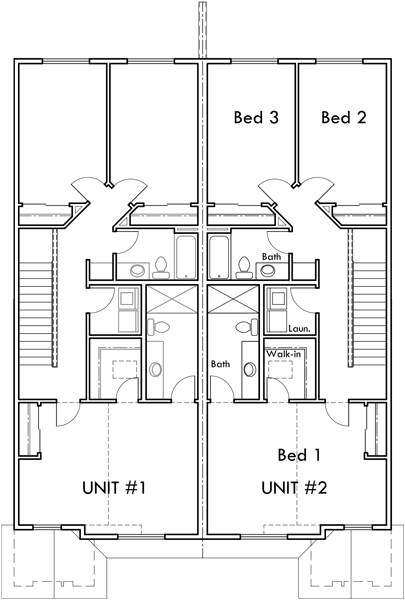 Upper Floor Plan 2 for Duplex house plans with basement, 3 bedroom duplex house plans, narrow duplex plans, D-581