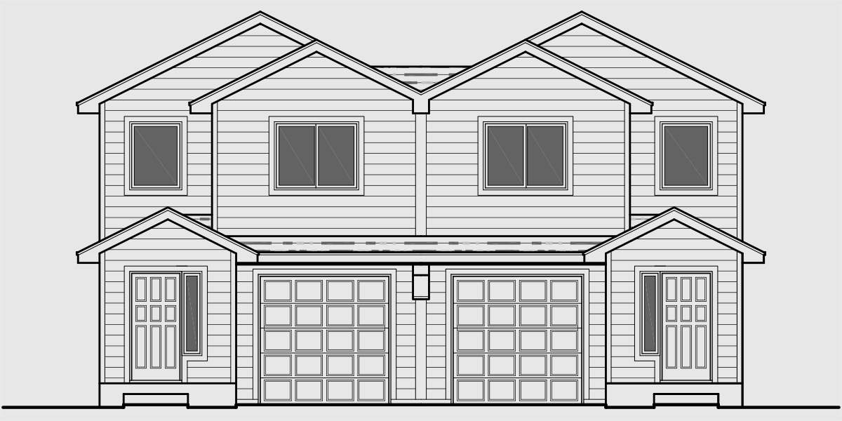 House front color elevation view for D-581 Duplex house plans with basement, 3 bedroom duplex house plans, narrow duplex plans, D-581