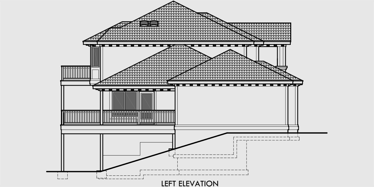 House rear elevation view for 10042 Mediterranean house plans, luxury house plans, walk out basement house plans, sloping lot house plans, 10042
