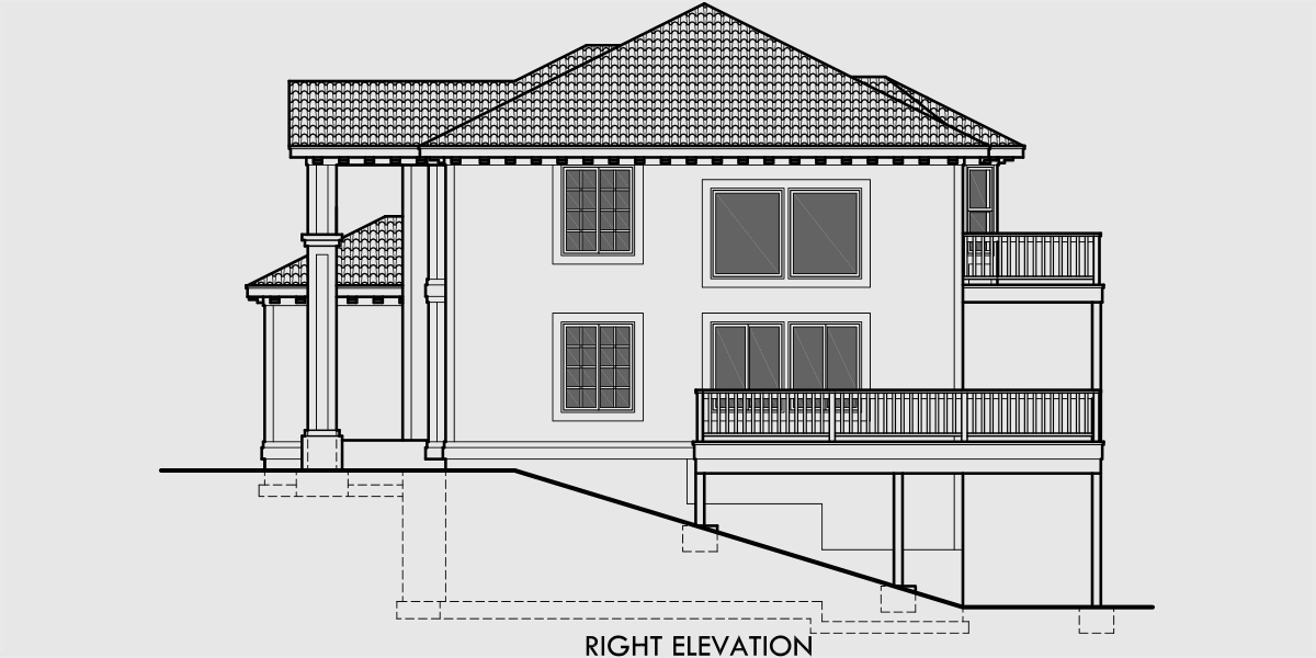 House rear elevation view for 10042 Mediterranean house plans, luxury house plans, walk out basement house plans, sloping lot house plans, 10042