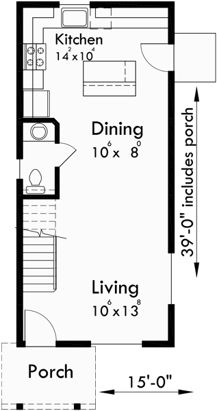 Main Floor Plan for 10124 Narrow lot house plans, 2 bedroom house plans, 2 story house plans, small house plans, 1flr, 10124b