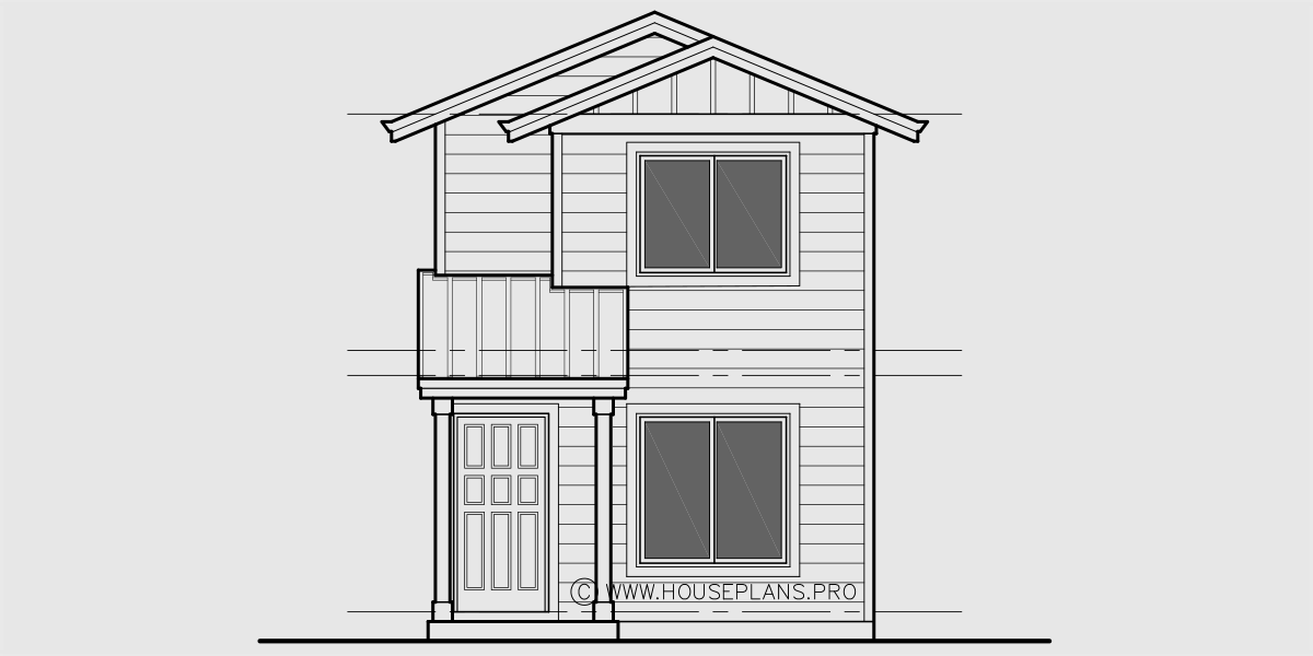 House side elevation view for 10124 Narrow lot house plans, 2 bedroom house plans, 2 story house plans, small house plans, 1flr, 10124b
