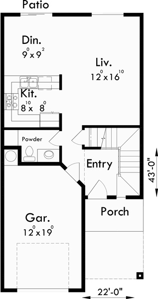 Main Floor Plan for 10092 Narrow Lot House Plan, 22 ft wide house plans, 3 bedroom 2.5 bath house plans, 10092